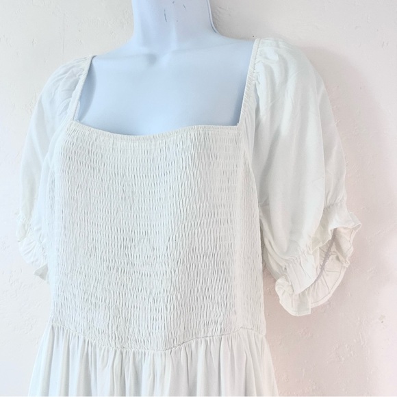 ANRABESS White Tiered Smocked Bodice Peasant Maxi Dress Size L Puff Sleeve Boho - Picture 6 of 14